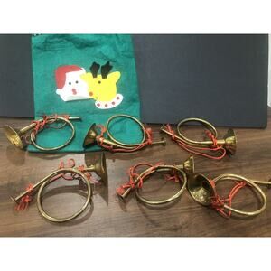 Solid Brass French Horn Christmas Tree Ornaments Tassel 80s Vtg Set Of 6 India